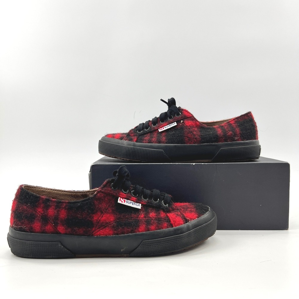 Superga Sneakers Womens 8 Red Buffalo Plaid Boiled Wool Plaid Fuzzy Shoes